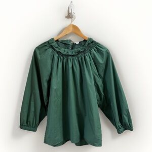 J. Crew Smocked Ruffle Neck Balloon Sleeve Green Blouse Womens Sz Small Cotton